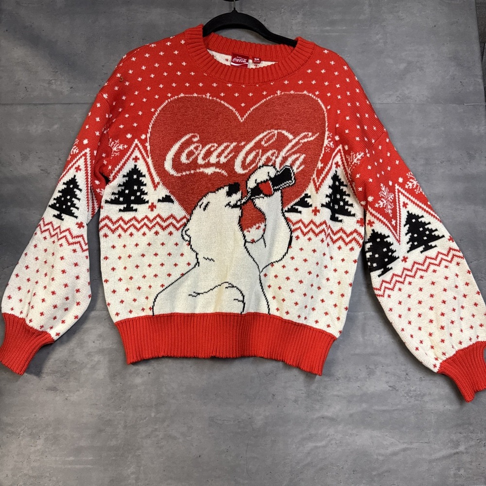 Ref & White Coca-Cola Polar Bear Heart Christmas Sweater S/M Bear Drinking Coke